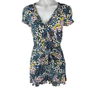 NWT LOFT Bright Floral Romper Petite XS Pockets Belted V-neck Ruffle Detail